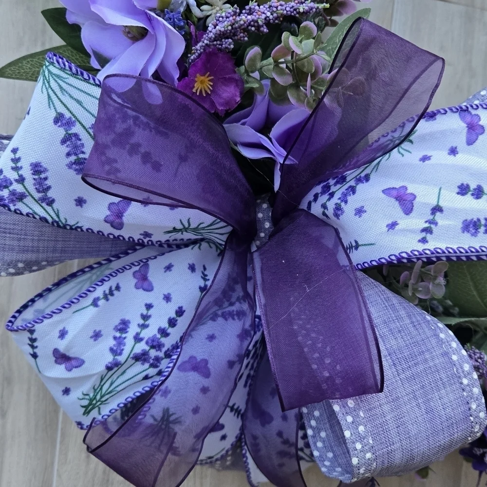 Handmade Purple Floral Wreath with Bow Summer/ Everyday Wreath